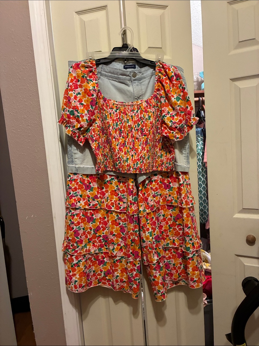 Handmade Floral Tiered Wide-Leg pants matching top Multicolor